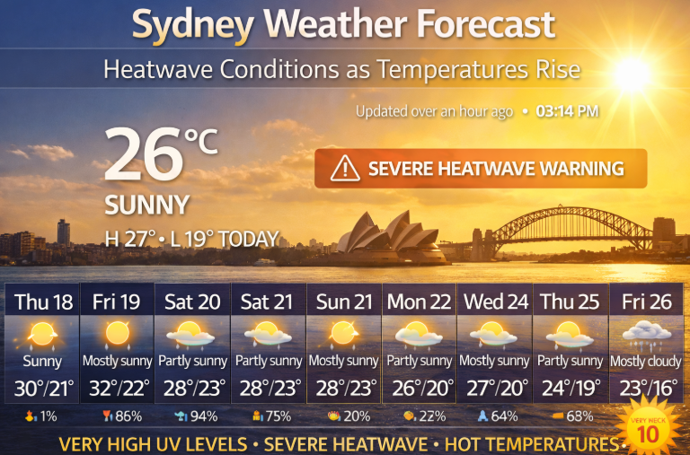 Sydney weather forecast showing sunny conditions at 26°C, severe heatwave warning, very high UV levels, and hot temperatures across the week