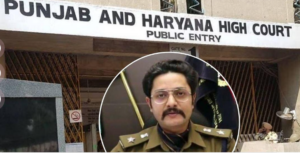 Image showing Punjab and Haryana High Court building with an inset photo of SSP Varun Sharma, along with text about the alleged audio being sent to CFSL for examination.