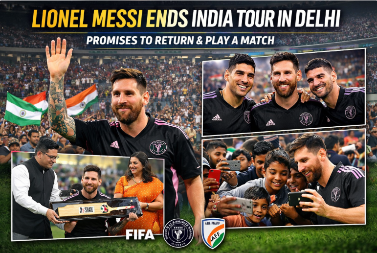 Lionel Messi waves to fans in a packed Delhi stadium during his India tour, posing with teammates, officials, and young supporters.