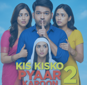 Poster of Kis Kisko Pyaar Karoon 2 featuring a man in a blue shirt surrounded by three women of different backgrounds, set against a bright sky with bold yellow and red movie title text.