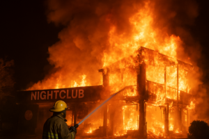 Firefighters working at the site of a Goa nightclub blaze where a suspected cylinder explosion caused the deaths of 25 people.