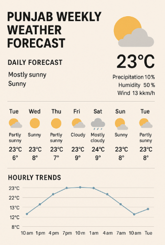 Infographic showing the Punjab weekly weather forecast with daily temperatures, weather icons, and hourly temperature trends.