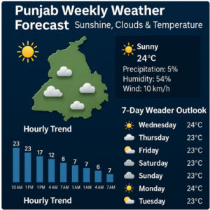 Punjab Weekly Weather Forecast infographic showing sunshine, clouds, hourly temperature trend, and 7-day outlook across the region.