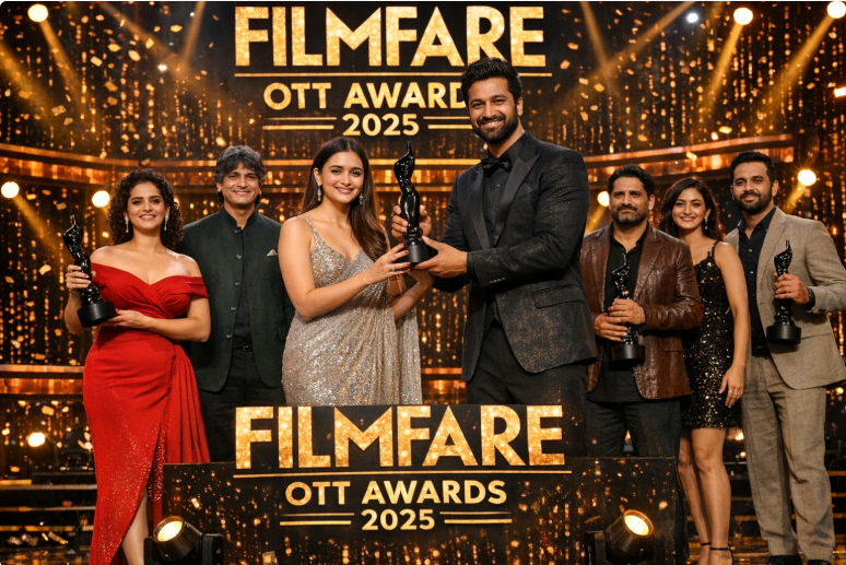 Group of actors and filmmakers holding Filmfare OTT Awards trophies on a golden-lit stage during the 2025 awards ceremony.