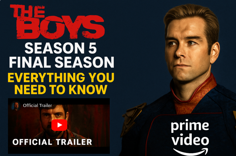 Promotional graphic for The Boys Season 5 final season featuring Homelander, series logo, trailer thumbnail, and Prime Video branding.
