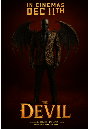 A masked figure wearing a gold-embroidered black suit with large demonic wings, standing against a dark red background with the text ‘In Cinemas Dec 11th’ and the title ‘The Devil’.