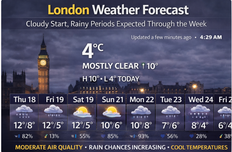 London weather forecast showing cloudy conditions, 4°C temperature, rainy periods expected during the week, and cool daytime highs near 10°C