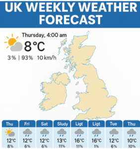 UK Weekly Weather Forecast showing partly cloudy conditions, temperature updates, and 7-day rain outlook across the United Kingdom.