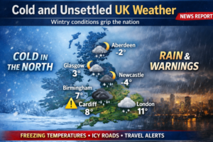 Weather map of the United Kingdom showing cold and unsettled conditions, with snow and sub-zero temperatures in northern cities like Aberdeen and Newcastle, icy warnings in Cardiff, and rain in London.