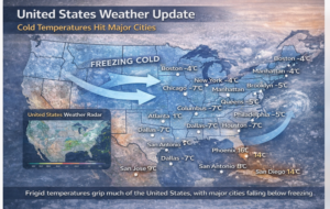 Weather map of the United States showing freezing temperatures across major cities, with cold air moving from west to east and temperatures below zero in cities like Chicago, New York, Boston, and Dallas.