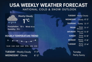USA Weekly Weather Forecast showing national temperature trends, cloud cover, and snow patterns across the United States.