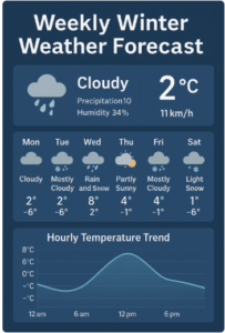Weekly Winter Weather Forecast infographic showing cloudy skies, snow icons, daily temperatures, and an hourly temperature trend chart.