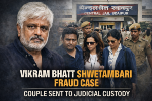 Composite image showing filmmaker Vikram Bhatt and his wife Shwetambari outside Central Jail Udaipur amid Rs 30 crore fraud case investigation