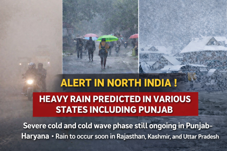 Weather alert graphic showing fog in Punjab and Haryana, rainfall in plains, and snowfall in Kashmir with a warning of heavy rain across North India.