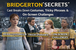 Bridgerton cast members in Regency-era costumes during filming, highlighting behind-the-scenes challenges with outfits and dialogue.