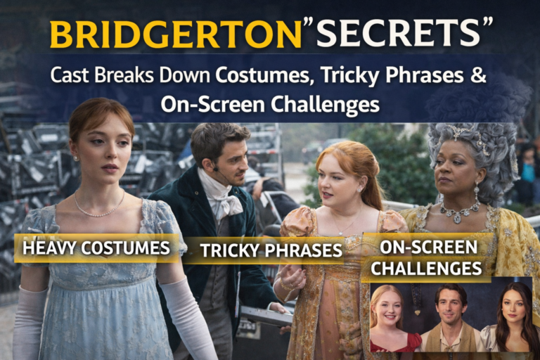 Bridgerton cast members in Regency-era costumes during filming, highlighting behind-the-scenes challenges with outfits and dialogue.