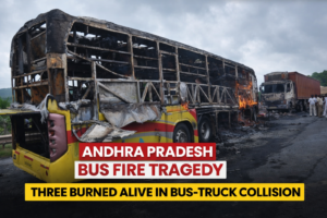 Burnt private bus after a collision with a container lorry in Nandyal district, Andhra Pradesh, leaving vehicles completely gutted by fire.