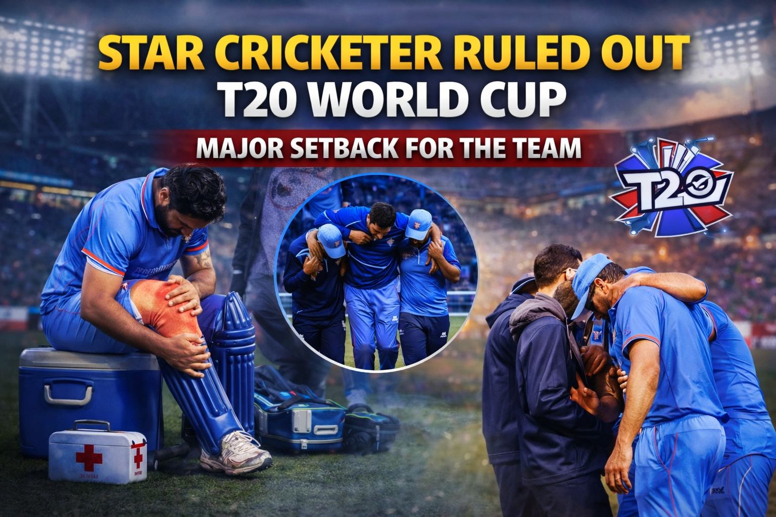 T20 World Cup injury update showing star cricketer ruled out of the tournament, dealing a major setback to the team