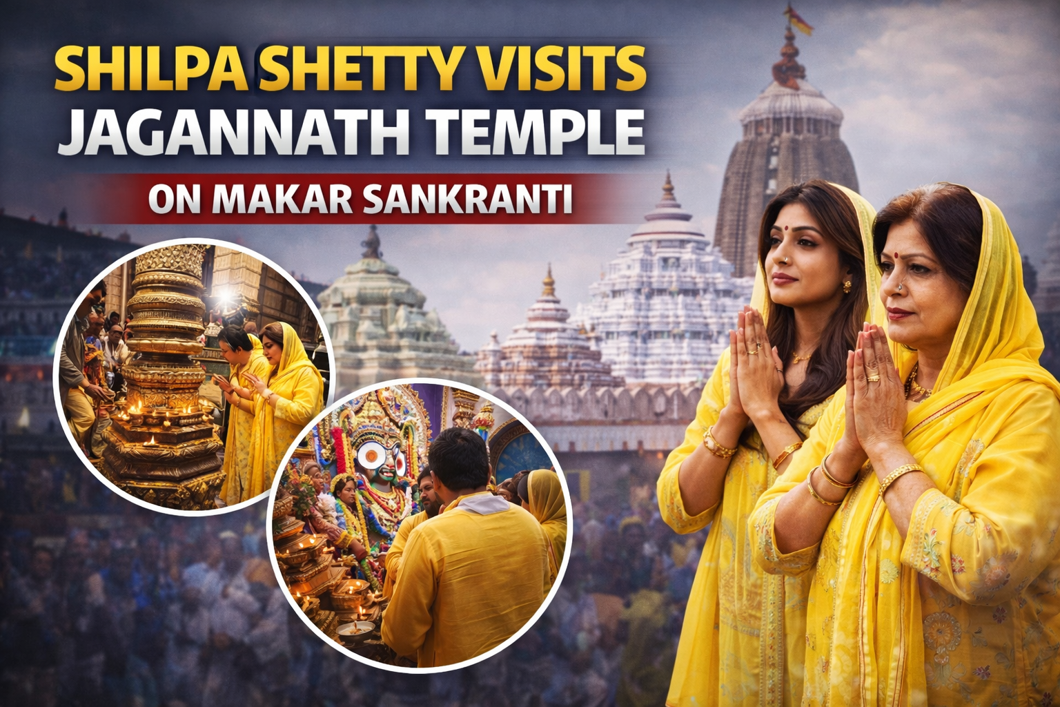 Shilpa Shetty with her mother Sunanda Shetty offering prayers at Jagannath Temple on Makar Sankranti wearing yellow traditional outfits