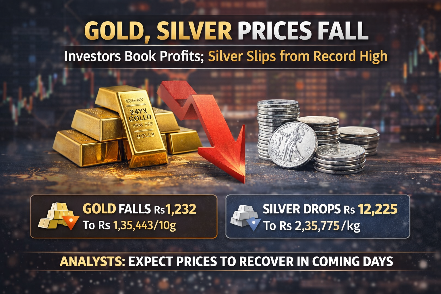Gold and silver prices fall in India as investors book profits; gold drops by Rs 1,232 and silver slips from record high