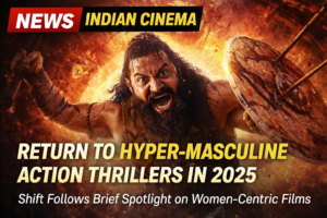 Hyper-masculine action thriller imagery symbolizing Bollywood’s shift in Indian cinema trends in 2025