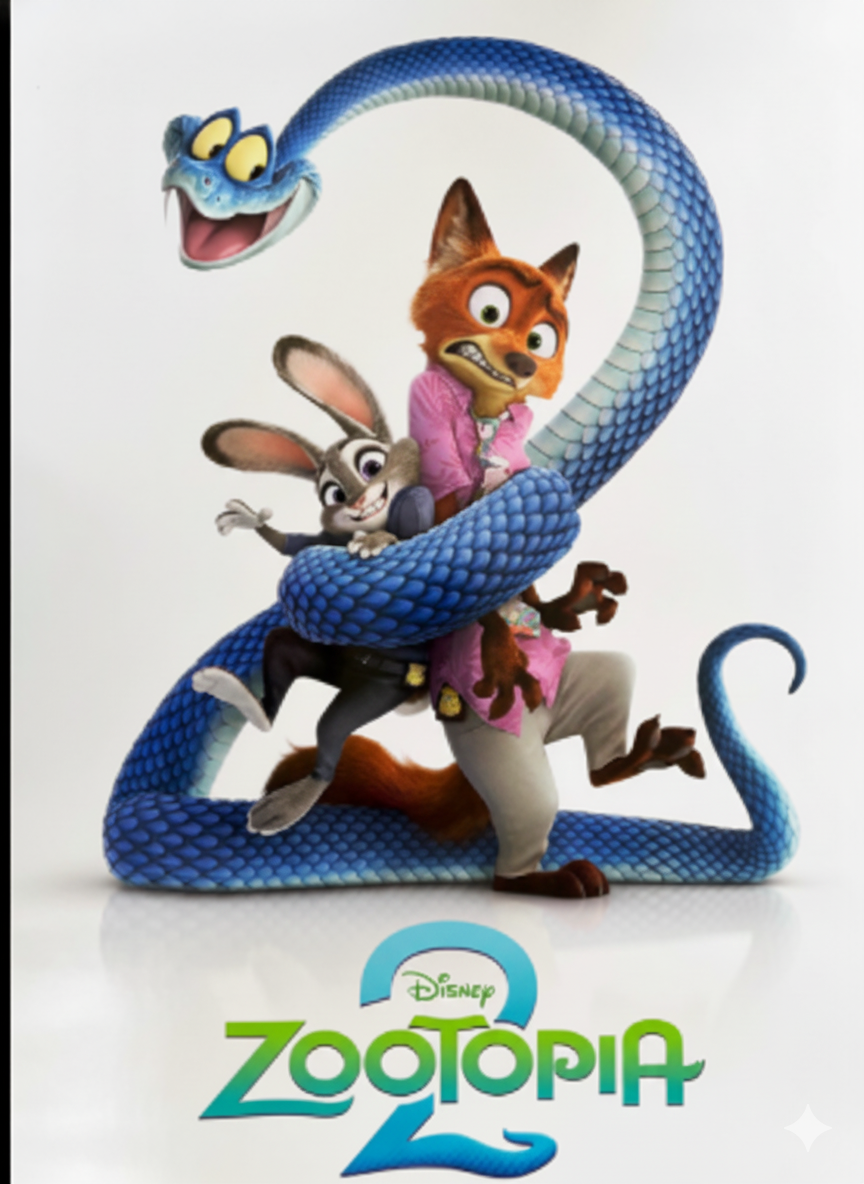 Zootopia 2 poster showing Judy Hopps and Nick Wilde with a giant blue snake forming number 2 in Disney animated style.