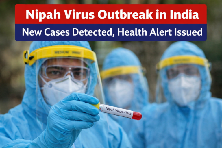Healthcare workers in protective gear holding Nipah virus test sample during outbreak alert in India