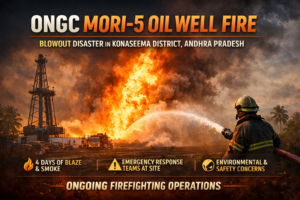 Firefighters battle massive blaze at ONGC Mori-5 oil well in Irusumanda village of Konaseema district, Andhra Pradesh.