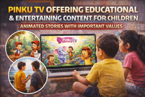 Children watching educational animated stories on Pinku TV, a kids channel offering safe and learning-based digital content