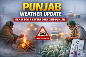Punjab Weather Update showing dense fog, zero visibility on roads and severe cold wave affecting daily life across Punjab