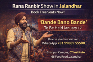 Rana Ranbir performing live in Jalandhar during his stage show Bande Bano Bande, inviting audiences to book free seats
