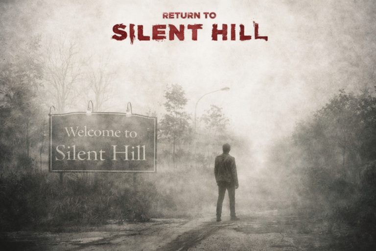 Return to Silent Hill movie poster showing a man standing in fog near a Welcome to Silent Hill sign
