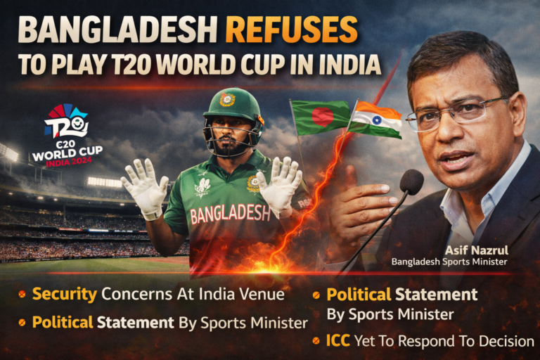 Bangladesh cricket player and Sports Minister Asif Nazrul shown in graphic highlighting refusal to play T20 World Cup in India.