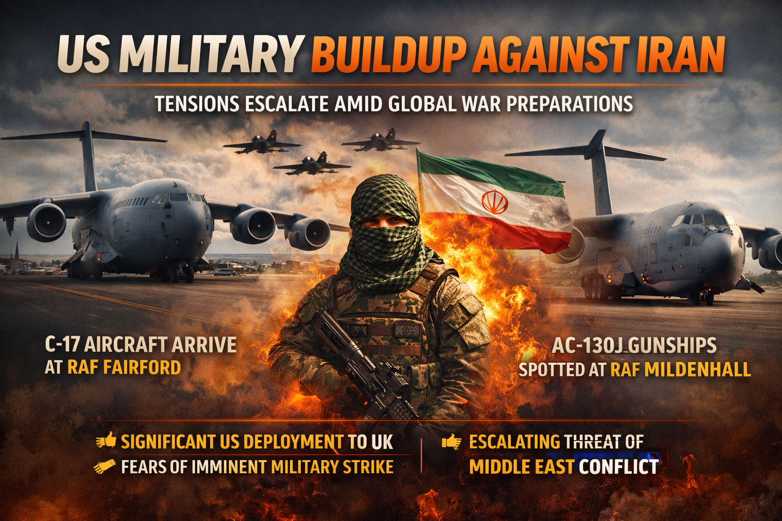 US C-17 Globemaster aircraft at RAF Fairford and AC-130J Ghostrider gunships at RAF Mildenhall amid rising US-Iran tensions.