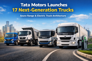 Tata Motors next-generation trucks including Azura range and electric truck architecture displayed on a modern highway.