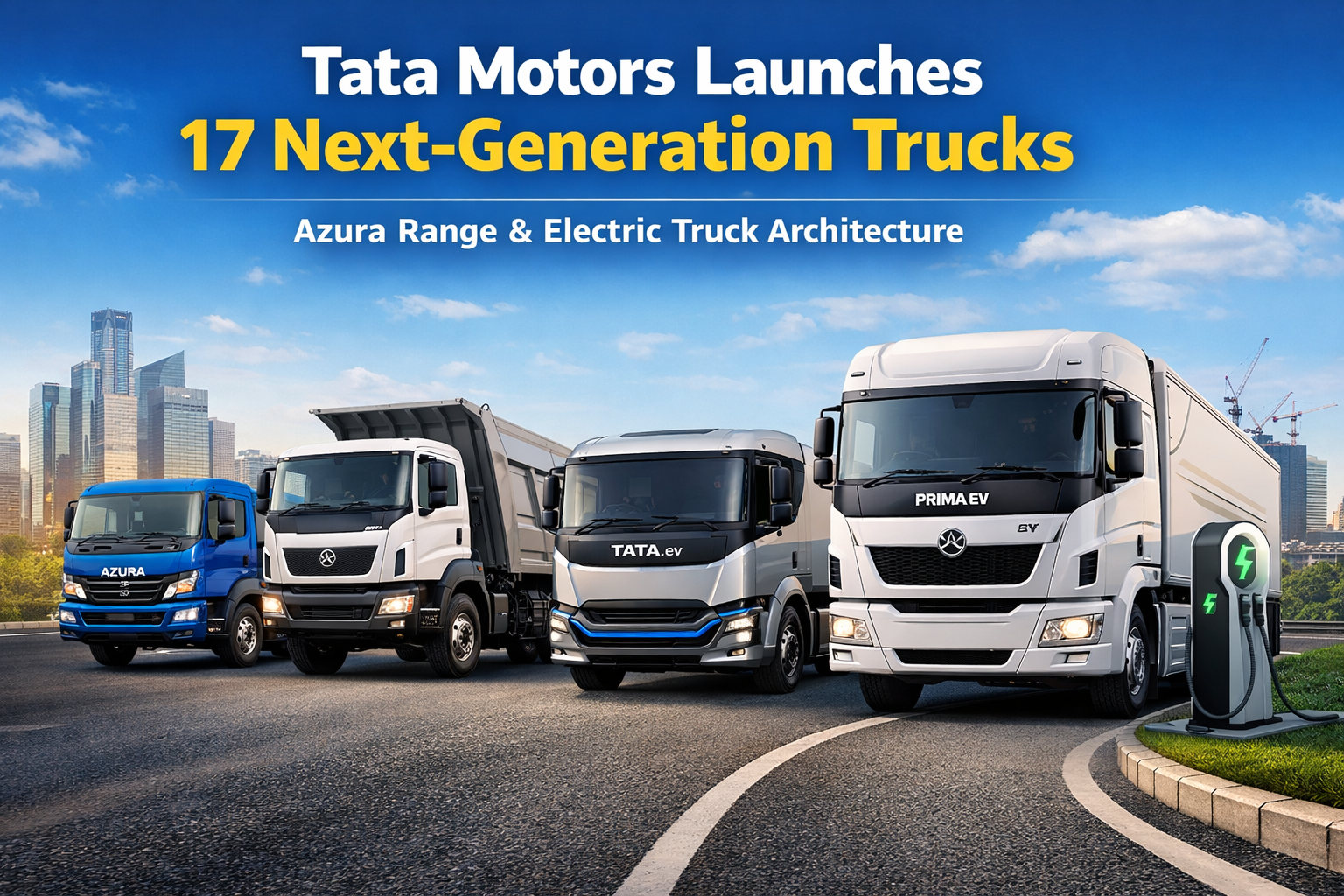 Tata Motors next-generation trucks including Azura range and electric truck architecture displayed on a modern highway.