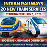 Graphic showing Amrit Bharat Express and Vande Bharat trains with text about 20 new Indian Railways train services starting February 1, 2026