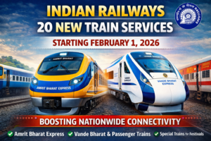 Graphic showing Amrit Bharat Express and Vande Bharat trains with text about 20 new Indian Railways train services starting February 1, 2026