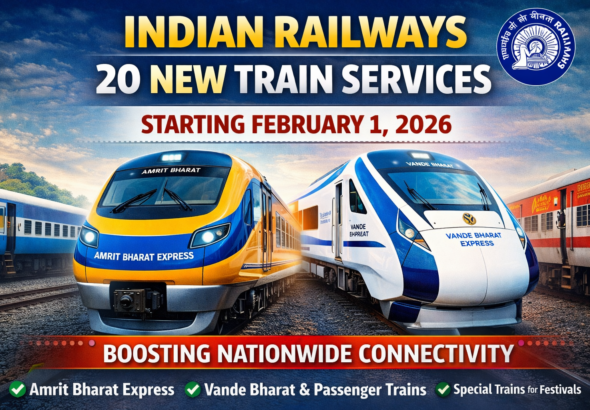 Graphic showing Amrit Bharat Express and Vande Bharat trains with text about 20 new Indian Railways train services starting February 1, 2026