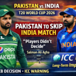 Graphic showing Pakistan and India cricket players with headline about Pakistan skipping India match in T20 World Cup 2026 and ICC warning to PCB