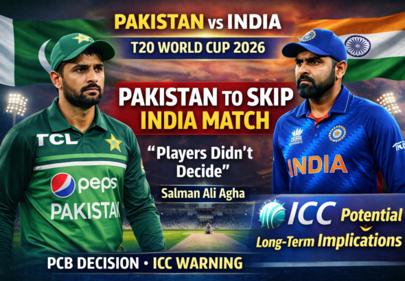 Graphic showing Pakistan and India cricket players with headline about Pakistan skipping India match in T20 World Cup 2026 and ICC warning to PCB