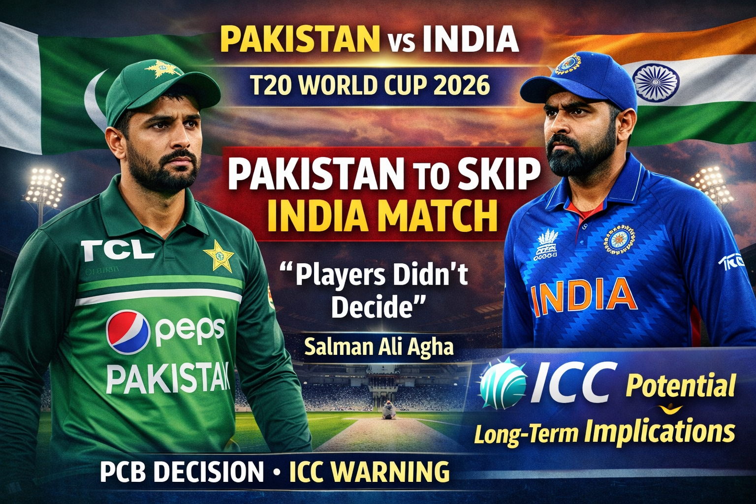 Graphic showing Pakistan and India cricket players with headline about Pakistan skipping India match in T20 World Cup 2026 and ICC warning to PCB