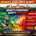 Infographic showing Budget 2026 price changes in India with list of items that became cheaper like medicines and electronics and costlier like alcohol and luxury goods