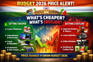 Infographic showing Budget 2026 price changes in India with list of items that became cheaper like medicines and electronics and costlier like alcohol and luxury goods