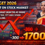 Graphic showing Finance Minister Nirmala Sitharaman with falling stock market chart and headline about Budget 2026 impact causing Sensex and Nifty to plunge