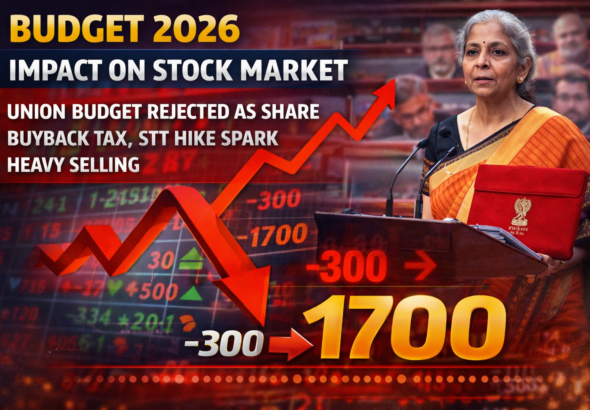 Graphic showing Finance Minister Nirmala Sitharaman with falling stock market chart and headline about Budget 2026 impact causing Sensex and Nifty to plunge