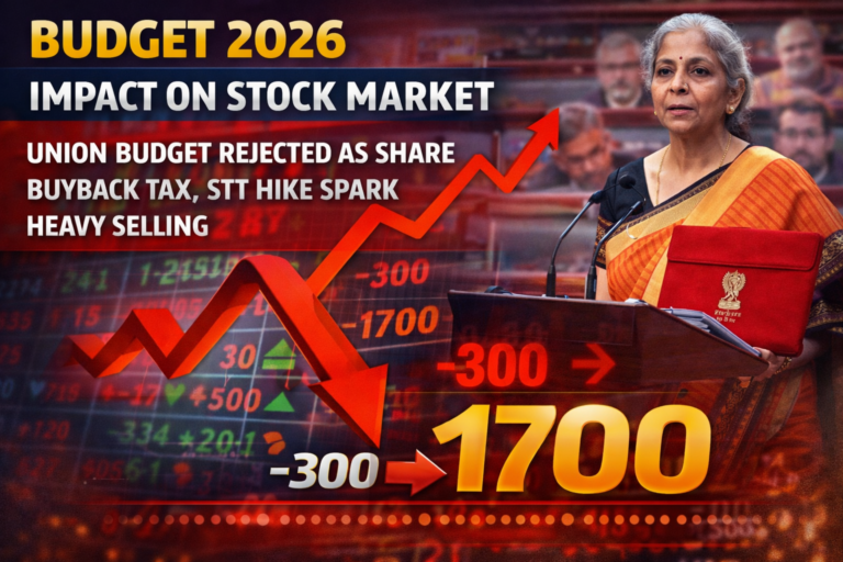 Graphic showing Finance Minister Nirmala Sitharaman with falling stock market chart and headline about Budget 2026 impact causing Sensex and Nifty to plunge